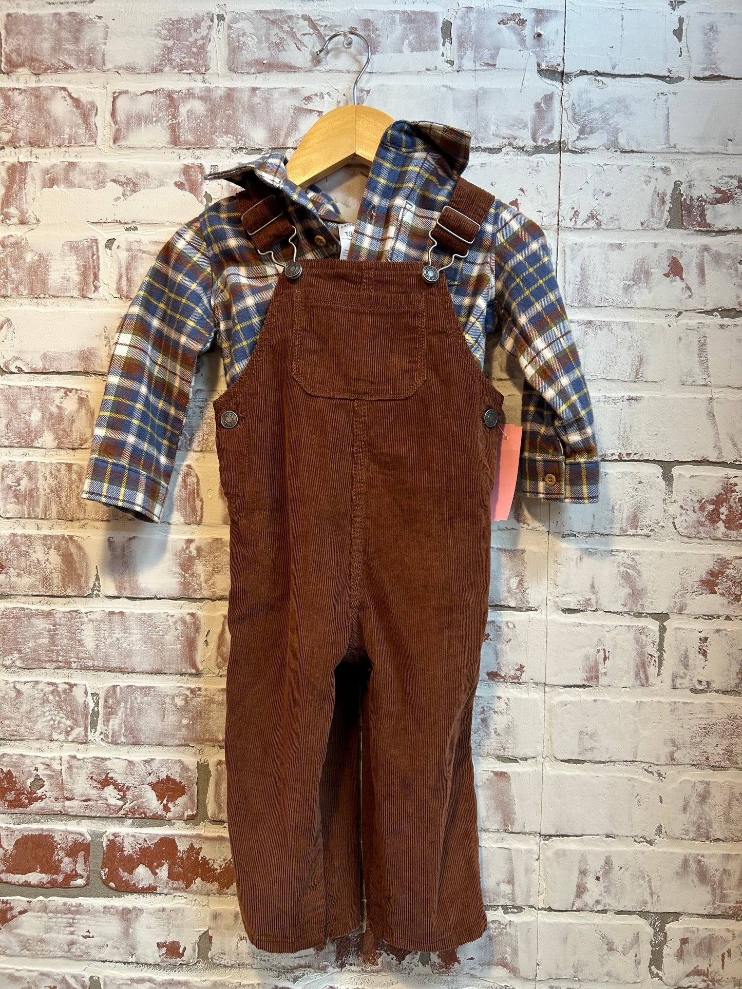 18 months - carters plaid overalls + flannel